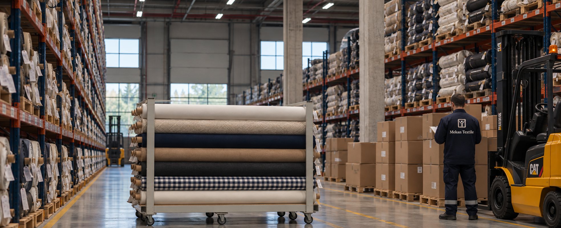 Rolls of cotton on the racks of the Mekan Textile warehouse