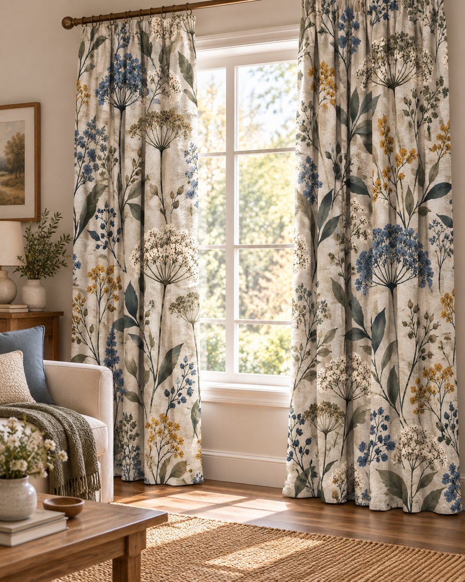 Cotton curtains printed with meadow flowers at a sunlit window