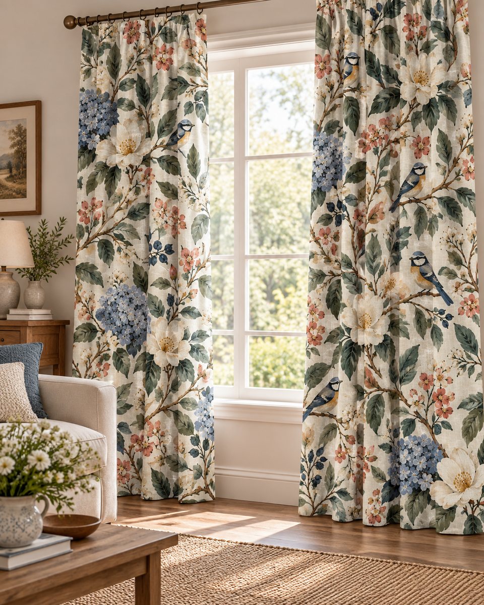 Cotton curtains printed with a chinoiserie bird and flower design at a sunlit window