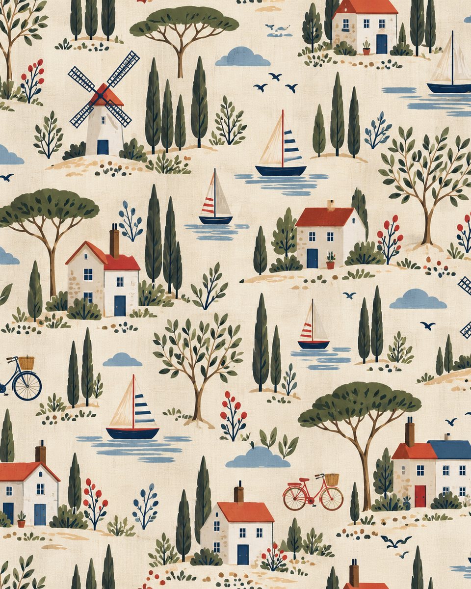 Seaside village curtain print