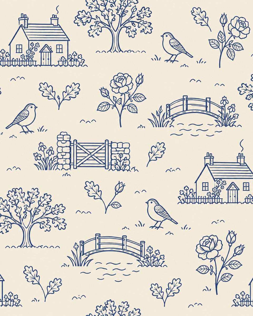 Blue toile curtain print