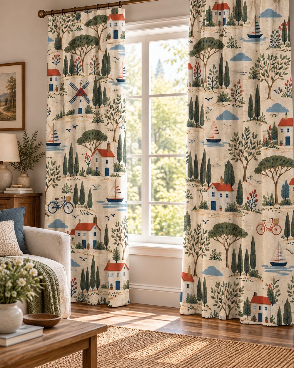 Printed cotton curtains with a village and sailing boat pattern at a sunlit window