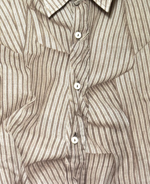 Creased striped cotton shirt in brown and white with pearl buttons