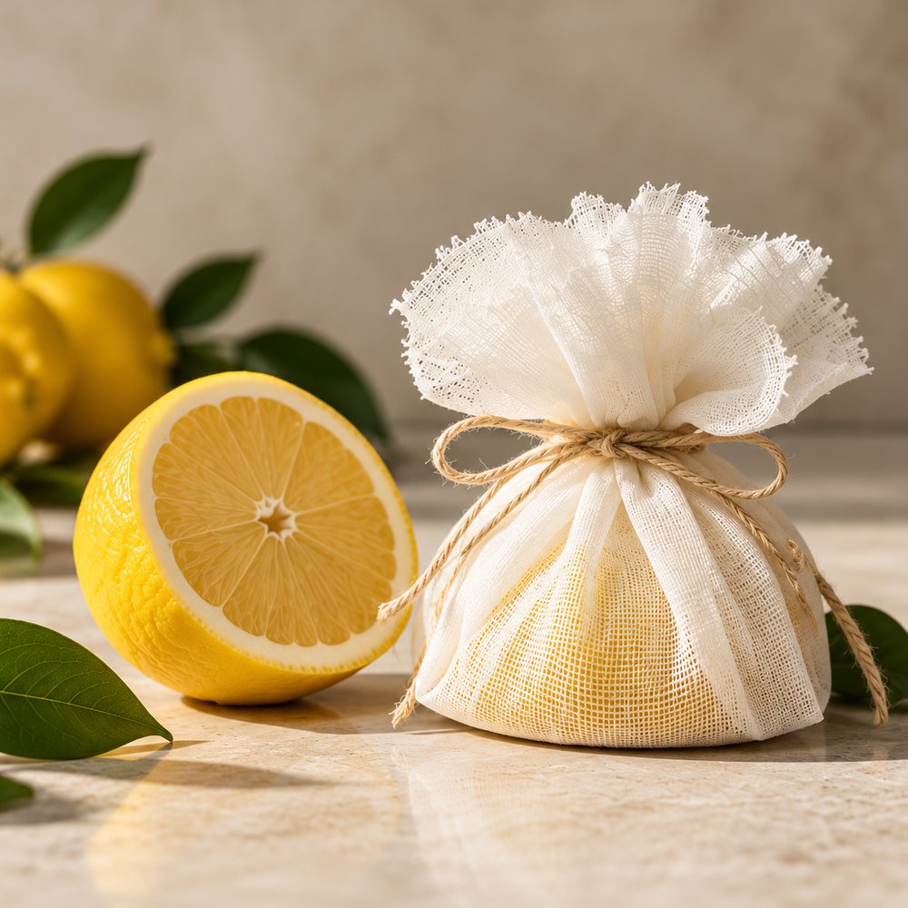 A lemon half wrapped in muslin and tied with string