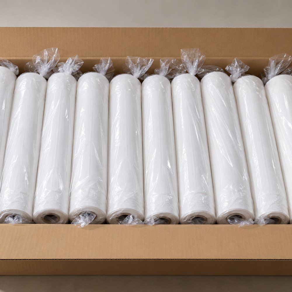 Rolls of white chef's muslin, each wrapped in clear film, packed side by side in a carton