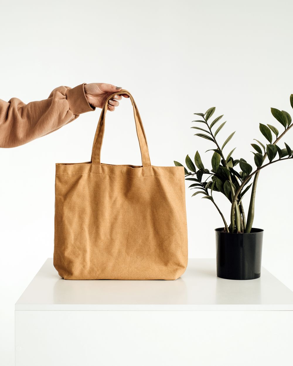 Tan cotton canvas tote bag held by its handles beside a potted plant