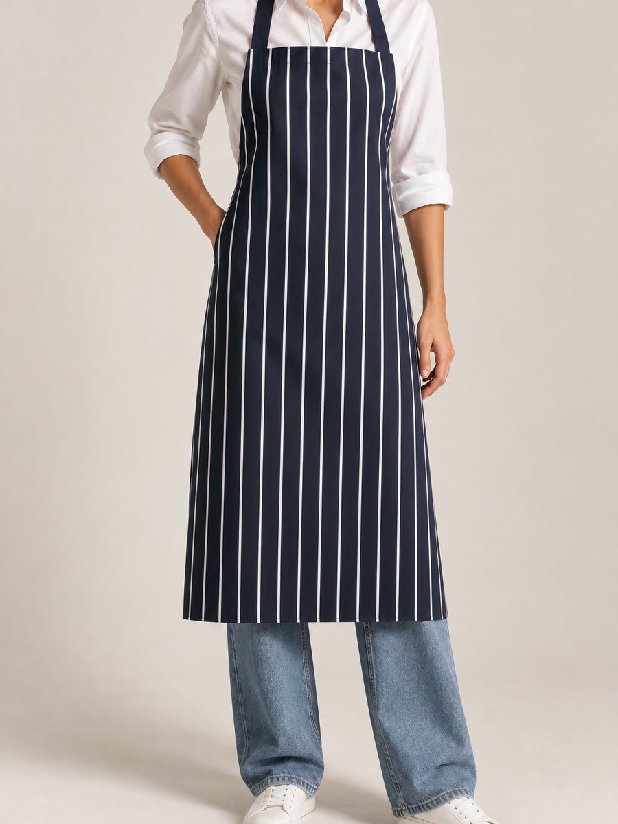 Person wearing a navy bib apron with a white pinstripe over a white shirt