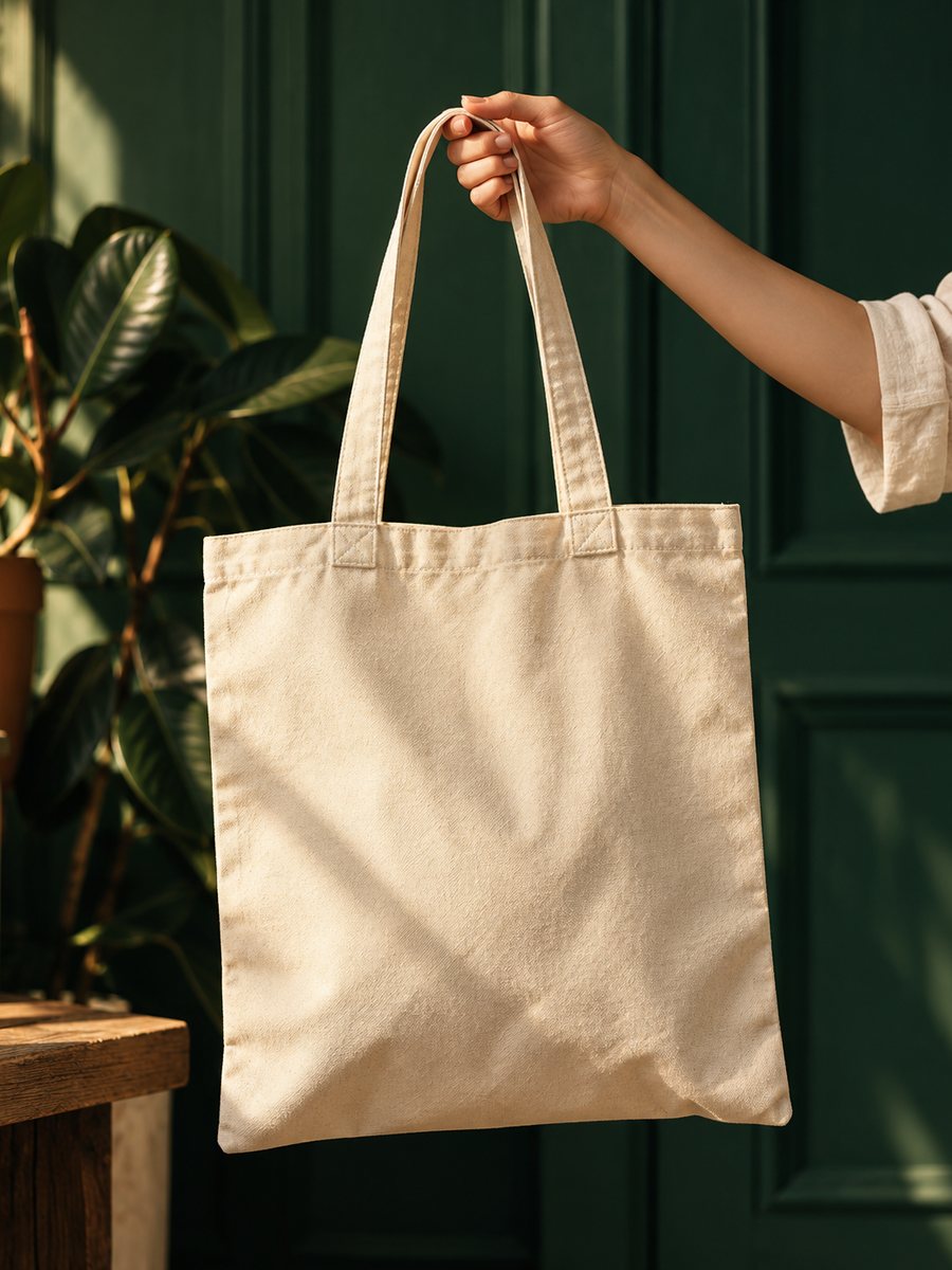 Natural cotton canvas tote bag held up by its handles against a green wall
