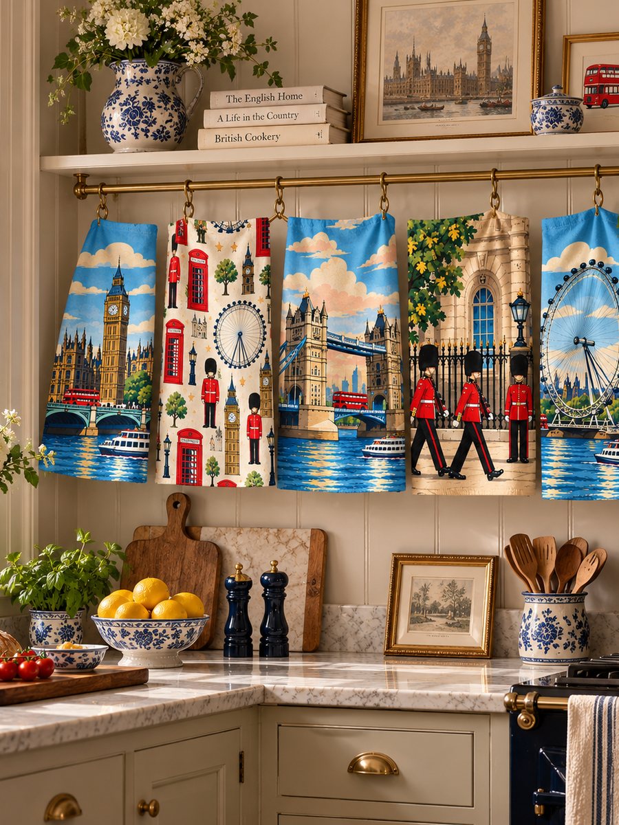 Printed cotton tea towels with London scenes hanging from a rail in a kitchen