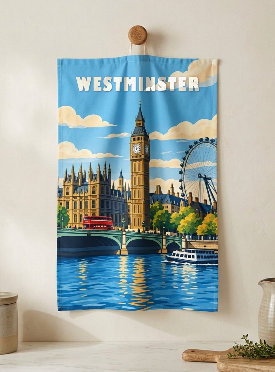 Printed cotton tea towel of Westminster hanging in a kitchen
