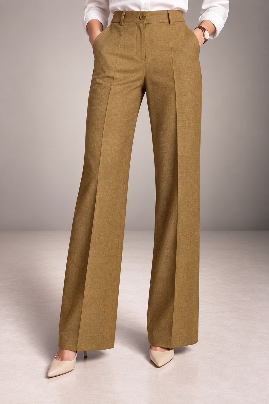 Women's trousers in mustard linen-lyocell-elastane fabric KT-01